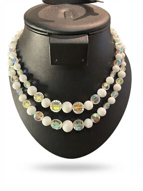 Women's vintage Deauville double-strand choker necklace AB & milk glass beads
